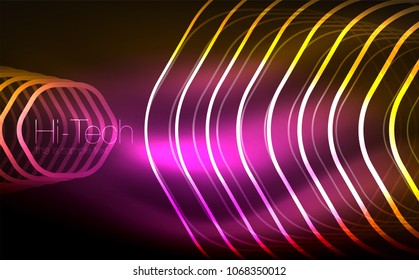 Outline hexagons, glowing geometric shapes, digital techno abstract background, vector illustration