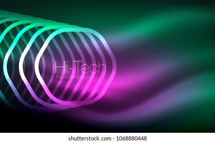 Outline hexagons, glowing geometric shapes, digital techno abstract background, vector illustration