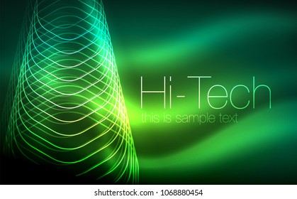 Outline hexagons, glowing geometric shapes, digital techno abstract background, vector illustration