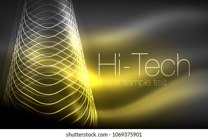 Outline hexagons, glowing geometric shapes, digital techno abstract background, vector illustration