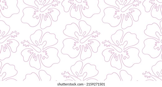 Outline Of A Hibiscus Flower, Vector Seamless Pattern In The Style Of Doodles, Hand-drawn