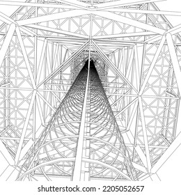 Outline of a high tower for communications from black lines isolated on a white background. View from below inside the tower. 3D. Vector illustration.