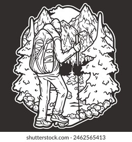 Outline of a hiker with a backpack trekking through a mountainous landscape, evoking the spirit of outdoor camping and wilderness exploration in a line art style.