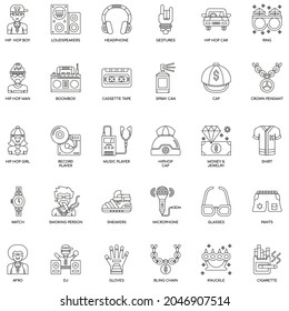 Outline hip hop collection flat icon set