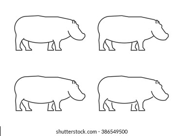 Outline Hippo On A White Background. Vector Silhouette Hippopotamus. Modern Hippo Icon. Linear Hippopotamus Set.