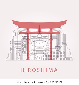 Outline Hiroshima skyline with landmarks. Vector illustration. Business travel and tourism concept with historic buildings. Image for presentation, banner, placard and web site.