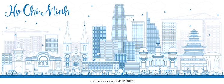 Outline Ho Chi Minh Skyline with Blue Buildings. Vector Illustration. Business Travel and Tourism Concept with Modern Buildings. Image for Presentation Banner Placard and Web Site.