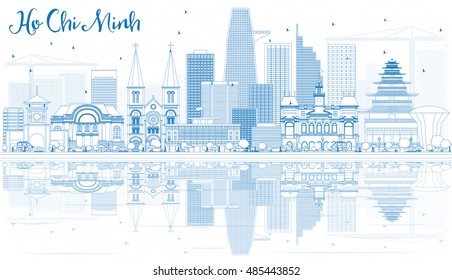 Concrete o horizonte de Ho Chi Minh com prédios azuis e reflexões. Ilustração vetorial. Conceito de Viagens de Negócios e Turismo com Edifícios Modernos. Imagem para cartaz do banner de apresentação.