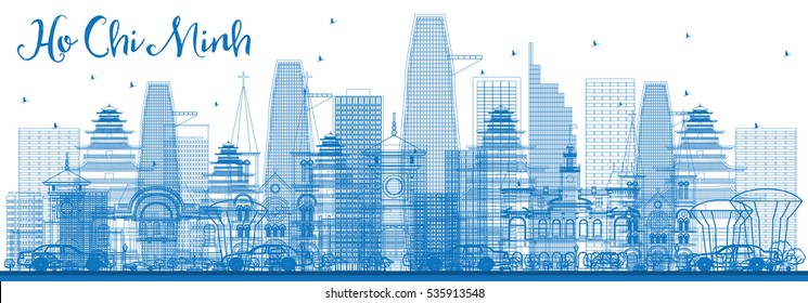 Outline Ho Chi Minh Skyline with Blue Buildings. Vector Illustration. Business Travel and Tourism Concept with Modern Architecture. Image for Presentation Banner Placard and Web Site