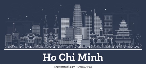 Outline Ho Chi Minh Vietnam City Skyline with White Buildings. Vector Illustration. Business Travel and Tourism Concept with Modern Architecture. Ho Chi Minh Cityscape with Landmarks.