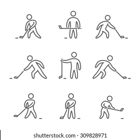 Outline hockey icons set. Linear figure hockey player. Line art sport symbols