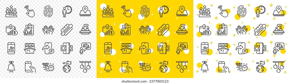 Outline Hold smartphone, Salary and Bell line icons pack for web with Hotdog, Phishing, Report line icon. Fingerprint, Pin, Business podium pictogram icon. Fair trade, Shipment, Quick tips. Vector