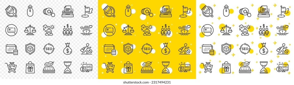 Outline Holidays shopping, Justice scales and Money bag line icons pack for web with Typewriter, Hold heart, Dice line icon. Time hourglass, Brush, Honeymoon cruise pictogram icon. Vector