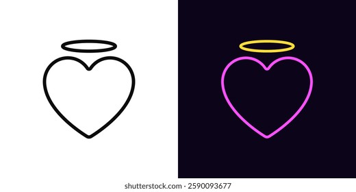 Outline holy love icon, with editable stroke. Angel heart with halo, sacred love nimbus. Saint heart, angel love, paradise amour and passion, romantic heart, compassion soul, donation. Vector icon