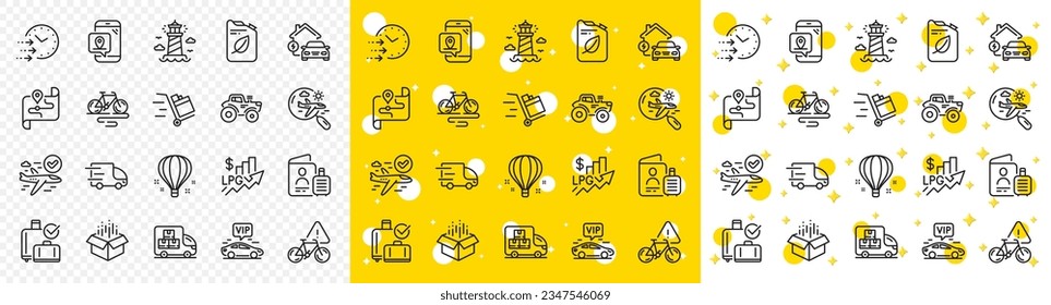 Outline Home charging, Map and Delivery truck line icons pack for web with Pin marker, Air balloon, Canister line icon. Rise price, Confirmed flight, Baggage reclaim pictogram icon. Vector