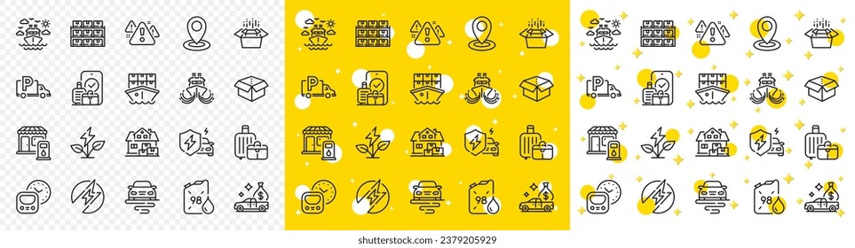 Outline Home moving, Car charging and Metro line icons pack for web with Eco power, Route, Truck parking line icon. Ship travel, Warning, Open box pictogram icon. Filling station. Vector