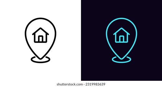 Outline home pointer icon, with editable stroke. Map pin with house sign, booking apartment service, location marker. Home and apartment rent, cottage location, house address position. Vector icon