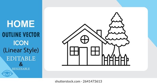 Outline of Home With Tree and Fence Black Lines