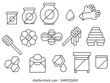 outline honey and beekeeping set  icons. Simple beekeeping collection theme.  bee, honey pot, honeycombs. vector illustration