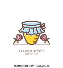 Outline honey pot vector logo, emblem or icon. Linear jar and clover flowers isolated on white background. Concept for organic clover honey package design.