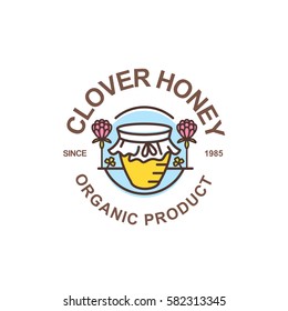 Outline honey pot vector logo. Round label, emblem or sticker with linear jar and clover flowers isolated on white background. Concept for organic clover honey package design.