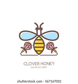 Outline honeybee vector logo, emblem or icon. Linear bee and clover flowers isolated on white background. Concept for organic clover honey package design