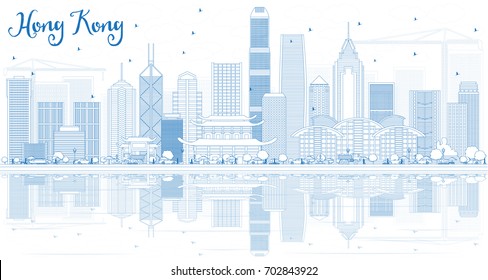 Outline Hong Kong Skyline with Blue Buildings and Reflections. Vector Illustration. Business Travel and Tourism Concept with Modern Architecture.