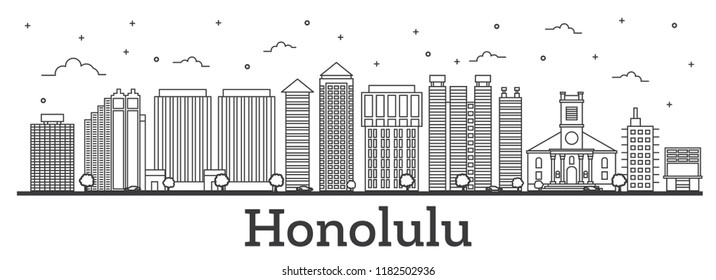 Outline Honolulu Hawaii City Skyline with Modern Buildings Isolated on White. Vector Illustration. Honolulu Cityscape with Landmarks.