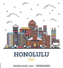 Outline Honolulu Hawaii USA City Skyline with Colored Modern Buildings Isolated on White. Vector Illustration. Honolulu Cityscape with Landmarks.