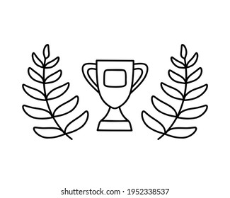 Esbozo de imagen horizontal de la copa trofeo con brotes de laurel. Icono de doodle negro. Hand dibujó una simple ilustración para el premio ganador. Vector lineal aislado sobre fondo blanco