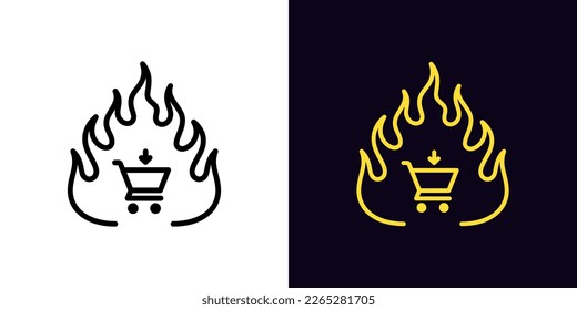 Icono de la oferta activa de contorno, con trazo editable. Fotograma de fuego con carros de tienda, pictograma de compras en línea caliente. Las mejores compras, la venta de súper bomberos, las tiendas populares en línea, éxito de bestseller. Icono de vector
