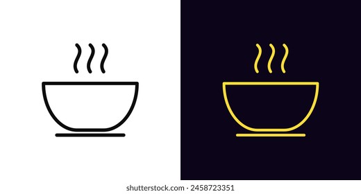 Outline hot soup icon, with editable stroke. Bowl soup sign with steam. Bowl with hot dish, soup meal with yummy smell, breakfast and lunch food, hot dinner menu, recipe for cooking. Vector icon