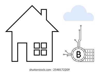 Outline of a house, cloud icon with a Bitcoin symbol circuit. Ideal for real estate, blockchain technology, digital finance, cryptocurrency, smart homes. Simplistic modern vector style