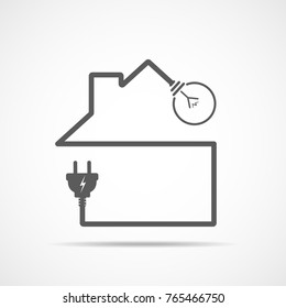 The outline of the house with light bulb and wire plug. Vector illustration. Gray house icon, isolated on light background.