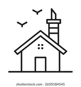 Outline of a house roof with chimney and birds