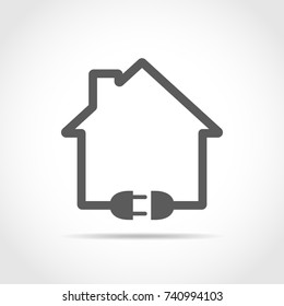 The outline of the house with socket and plug. Vector illustration. Gray house icon, isolated on light background.