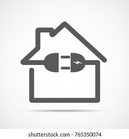 The outline of the house with socket and plug. Vector illustration. Gray house icon, isolated on light background.