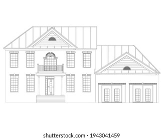 The outline of the house is two-story. Front view. Vector illustration