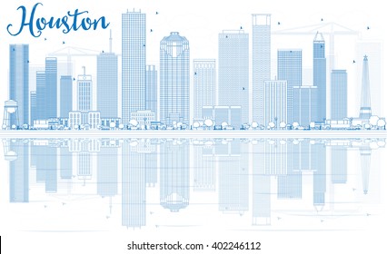 Outline Houston Skyline with Blue Buildings and Reflections. Vector Illustration. Business Travel and Tourism Concept with Modern Buildings. Image for Presentation Banner Placard and Web Site.