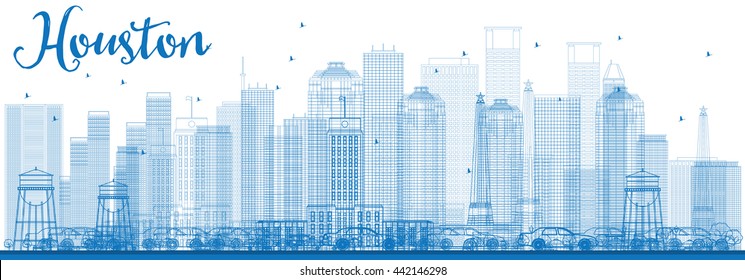 Outline Houston Skyline with Blue Buildings. Vector Illustration. Business Travel and Tourism Concept with Modern Buildings. Image for Presentation Banner Placard and Web Site.