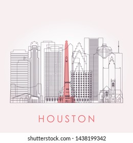 Outline Houston skyline with landmarks. Vector illustration. Business travel and tourism concept with historic buildings. Image for presentation, banner, placard and web site.