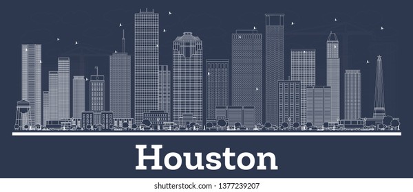 Outline Houston Texas City Skyline with White Buildings. Vector Illustration. Business Travel and Concept with Modern Architecture. Houston Cityscape with Landmarks.