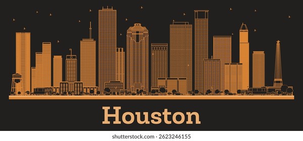 Outline Houston Texas City Skyline with orange Buildings. Vector Illustration. Business Travel and Concept with Modern Architecture. Houston Cityscape with Landmarks.
