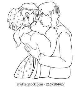 Outline of hugging romantic couple. Colouring book couple. Wedding postcard.