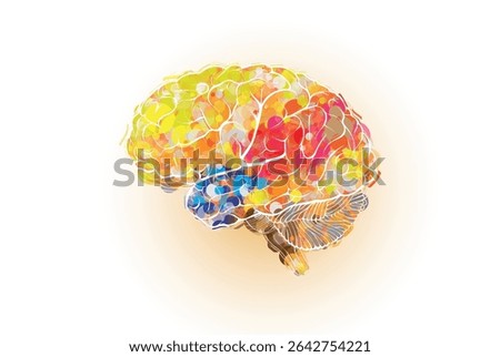 The outline of a human brain filled with brightly colored particles symbolizes full brain function, mental health and happiness.