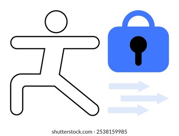 Outline of a human figure in a dynamic pose next to a blue lock symbol and arrows. Ideal for cybersecurity, data protection, safety, access control, networking. Minimalistic design style