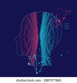 Outline of a human head with an abstract wave. Plexus effect.