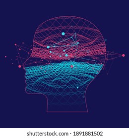 Outline of a human head with an abstract wave. Plexus effect.