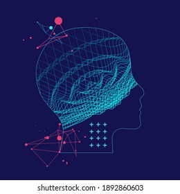 Outline of a human head with an abstract wave. Plexus effect.