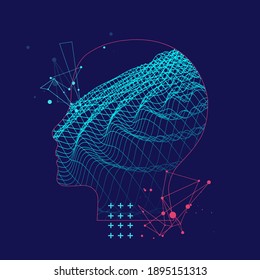 Outline of a human head with an abstract wave. Plexus effect.